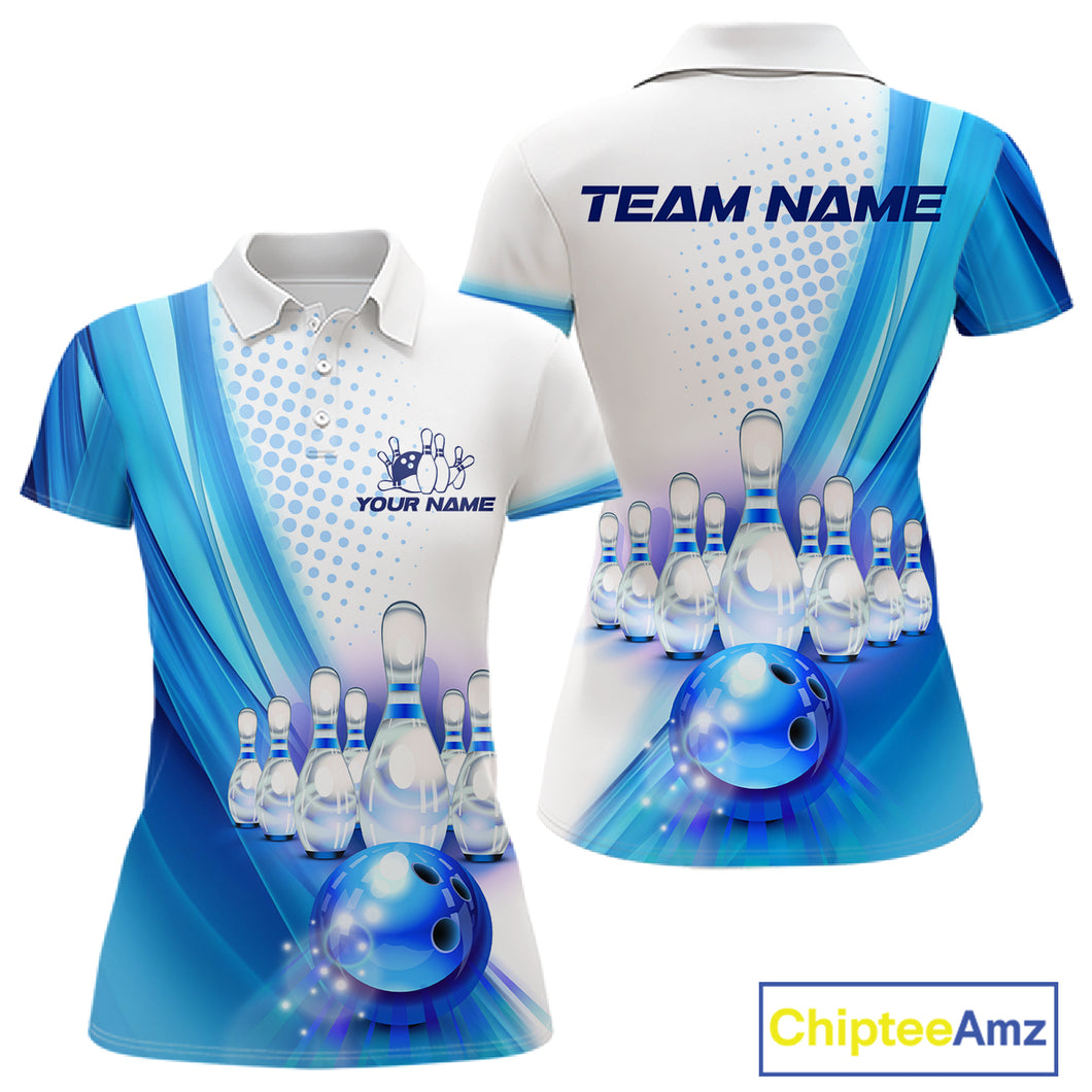 Custom Blue and White Bowling Women's Polo, Quarter Zip Shirts, Bowlers Outfit NQS10607