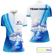 Load image into Gallery viewer, Custom Blue and White Bowling Women&#39;s Polo, Quarter Zip Shirts, Bowlers Outfit NQS10607