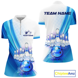 Custom Blue and White Bowling Women's Polo, Quarter Zip Shirts, Bowlers Outfit NQS10607