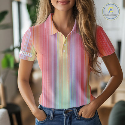 Colorful rainbow stripe pattern Women golf polo shirt custom best golf apparel for ladies NQS10406