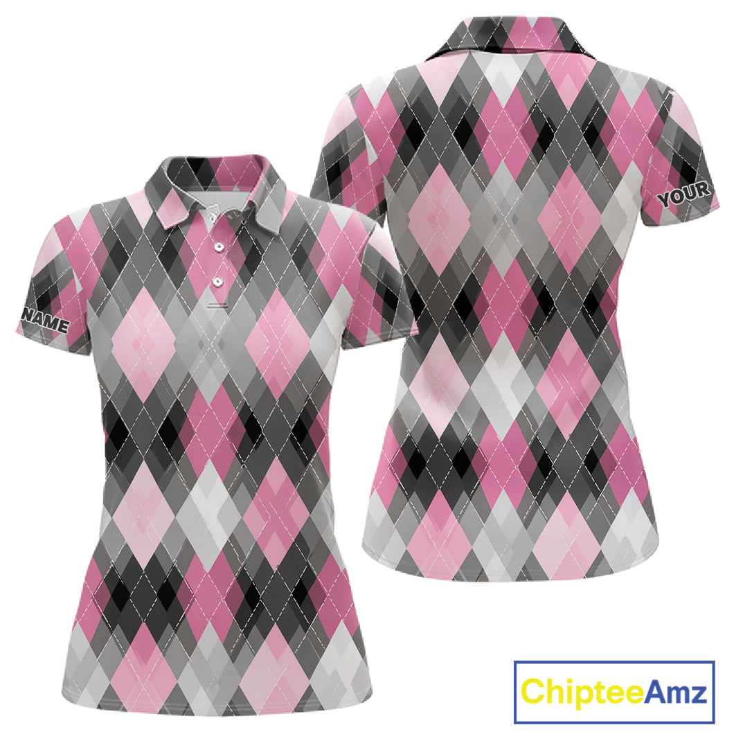 Pink argyle pattern Womens golf polo shirt custom best team golf shirts, golfing gifts NQS10407