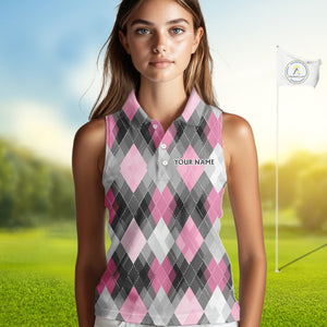 Pink argyle pattern Women Sleeveless polo shirt custom best team golf shirts, golfing gifts NQS10407