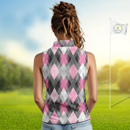 Pink argyle pattern Women Sleeveless polo shirt custom best team golf shirts, golfing gifts NQS10407