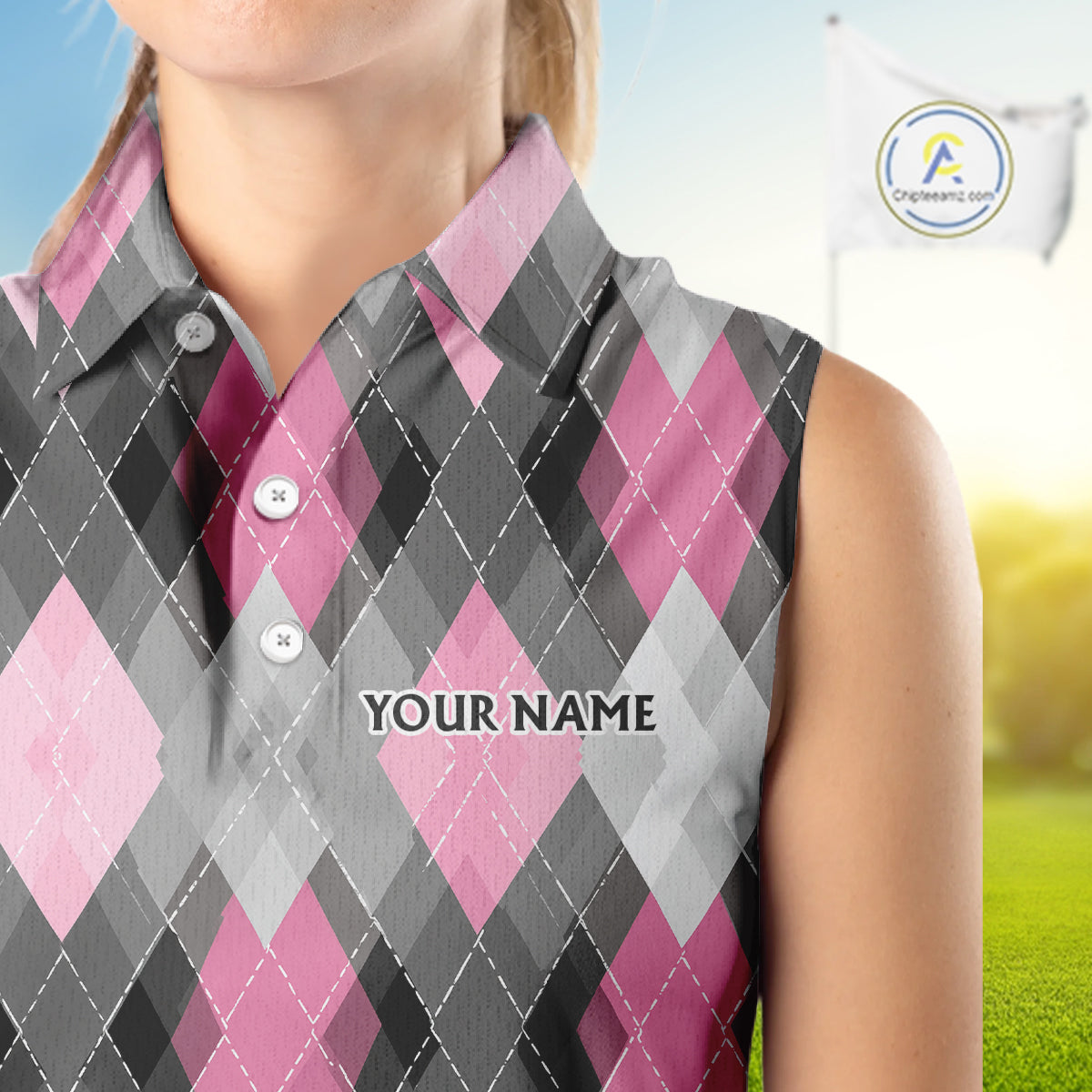 Pink argyle pattern Women Sleeveless polo shirt custom best team golf shirts, golfing gifts NQS10407