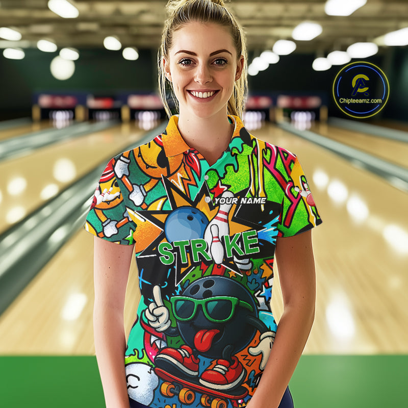 Custom Funny colorful pattern Bowling Team Polo, Quarter Zip Shirt For Women, Ladies Bowling Jersey NQS10094