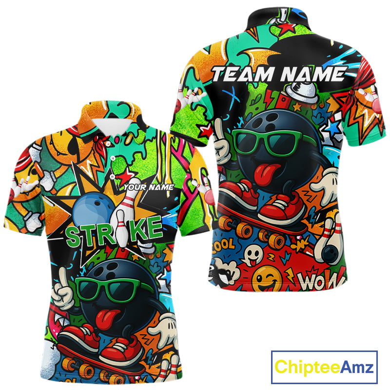 Custom Funny colorful pattern Bowling Team Polo, Quarter Zip Shirt For Men, Mens Bowling Jersey NQS10094