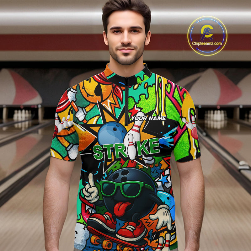 Custom Funny colorful pattern Bowling Team Polo, Quarter Zip Shirt For Men, Mens Bowling Jersey NQS10094