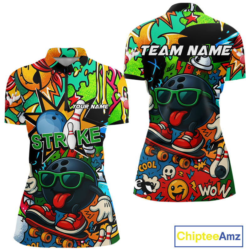 Custom Funny colorful pattern Bowling Team Polo, Quarter Zip Shirt For Women, Ladies Bowling Jersey NQS10094