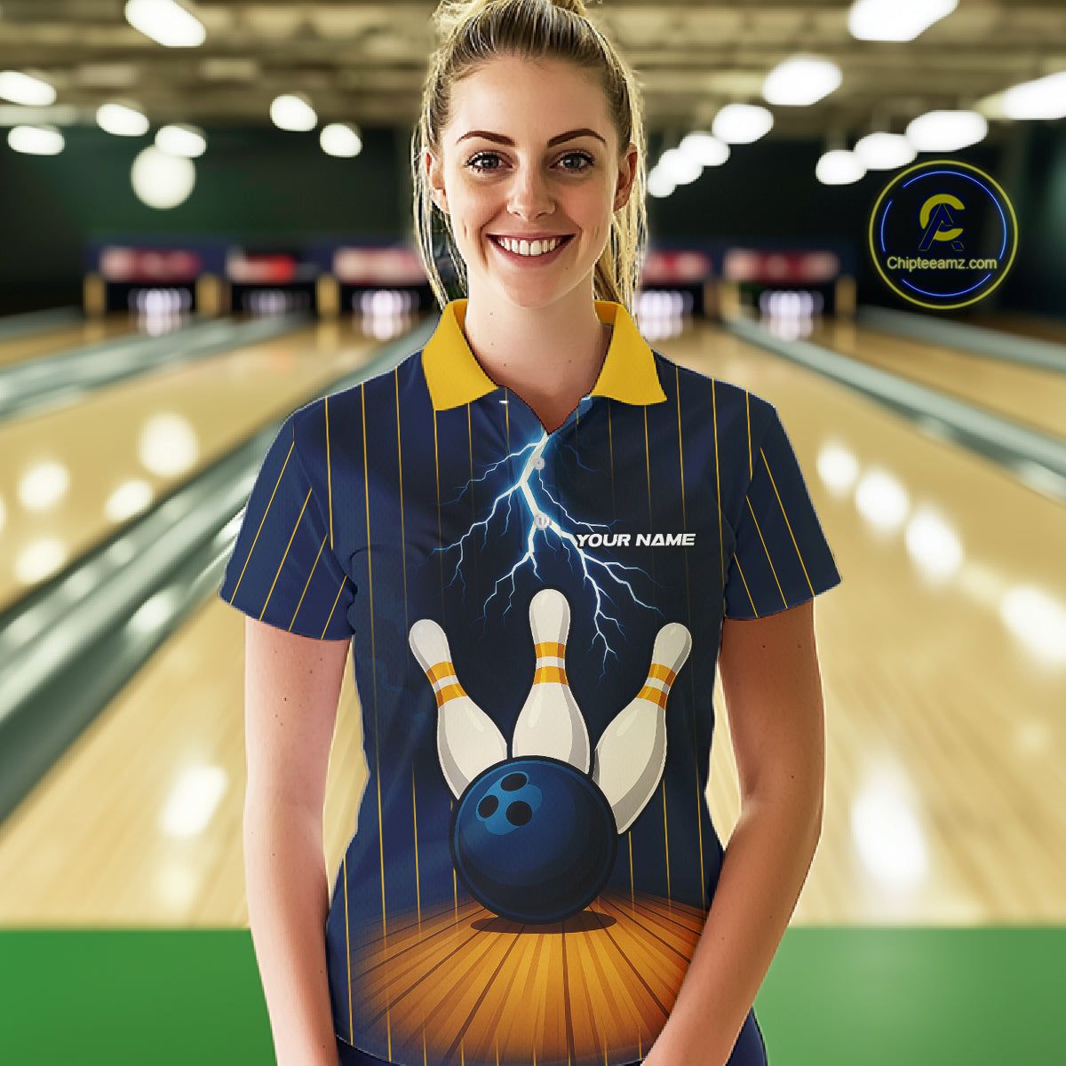 Custom Yellow and Blue Lightning Thunder Bowling Polo, 1/4 Zip Shirts For Women, Team Bowling Outfits NQS10620
