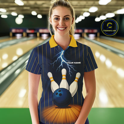 Custom Yellow and Blue Lightning Thunder Bowling Polo, 1/4 Zip Shirts For Women, Team Bowling Outfits NQS10620