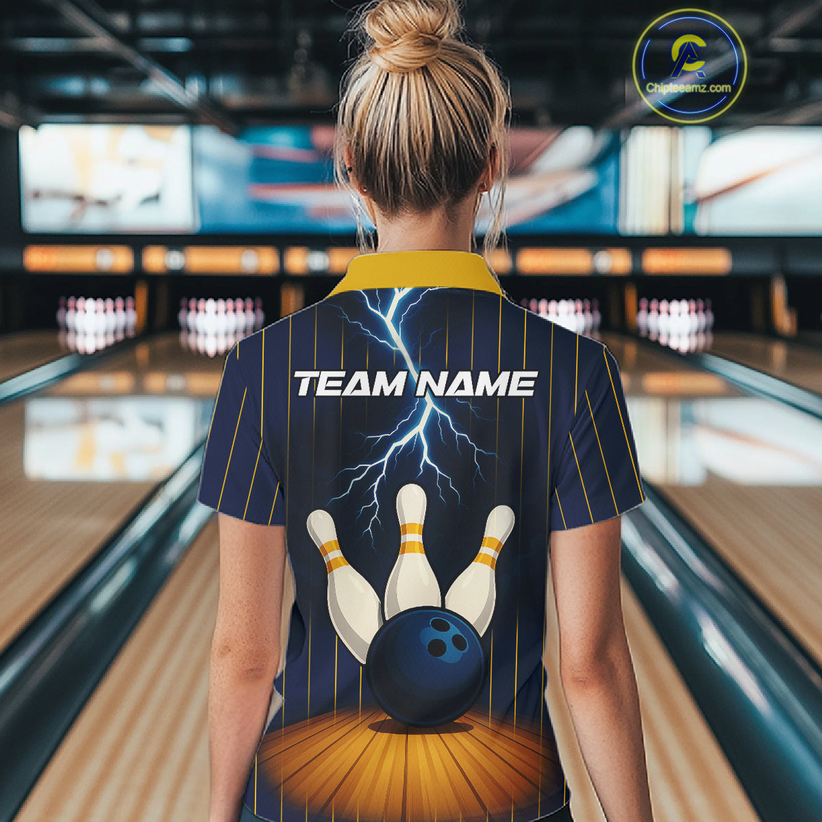 Custom Yellow and Blue Lightning Thunder Bowling Polo, 1/4 Zip Shirts For Women, Team Bowling Outfits NQS10620