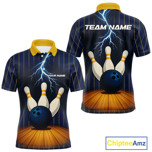 Custom Yellow and Blue Lightning Thunder Bowling Polo, 1/4 Zip Shirts For Men, Team Bowling Outfits NQS10620