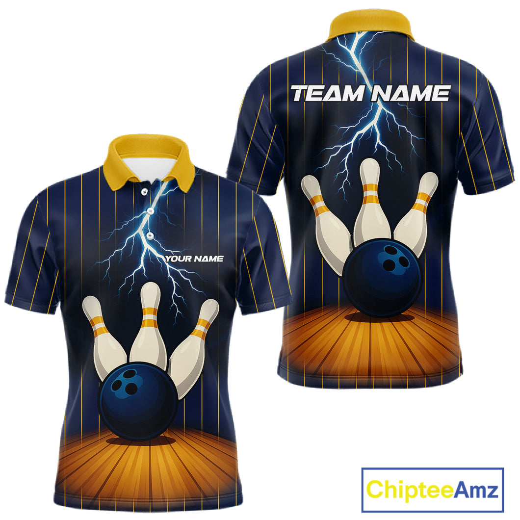Custom Yellow and Blue Lightning Thunder Bowling Polo, 1/4 Zip Shirts For Men, Team Bowling Outfits NQS10620