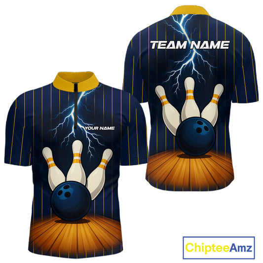 Custom Yellow and Blue Lightning Thunder Bowling Polo, 1/4 Zip Shirts For Men, Team Bowling Outfits NQS10620