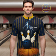 Load image into Gallery viewer, Custom Yellow and Blue Lightning Thunder Bowling Polo, 1/4 Zip Shirts For Men, Team Bowling Outfits NQS10620