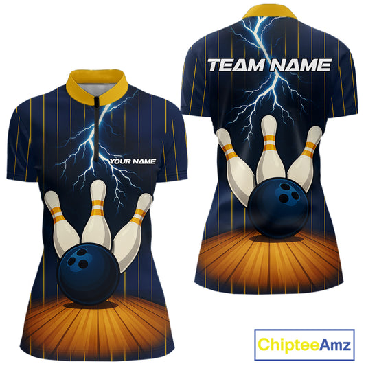Custom Yellow and Blue Lightning Thunder Bowling Polo, 1/4 Zip Shirts For Women, Team Bowling Outfits NQS10620