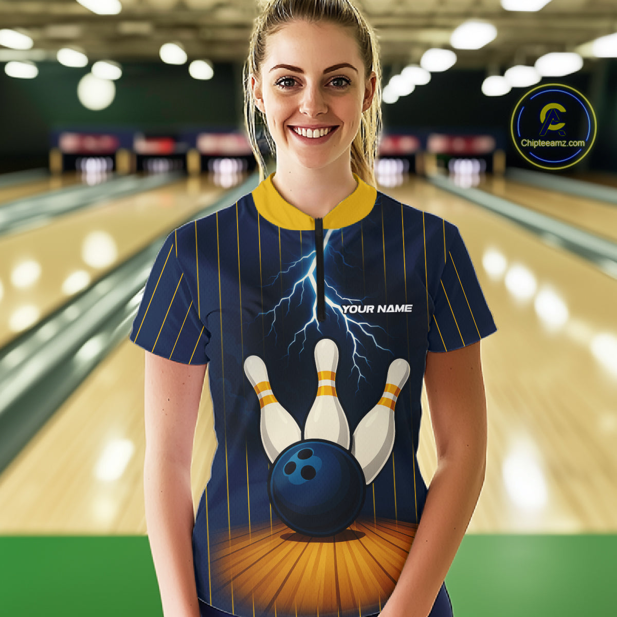 Custom Yellow and Blue Lightning Thunder Bowling Polo, 1/4 Zip Shirts For Women, Team Bowling Outfits NQS10620