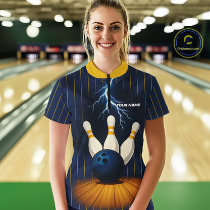 Custom Yellow and Blue Lightning Thunder Bowling Polo, 1/4 Zip Shirts For Women, Team Bowling Outfits NQS10620