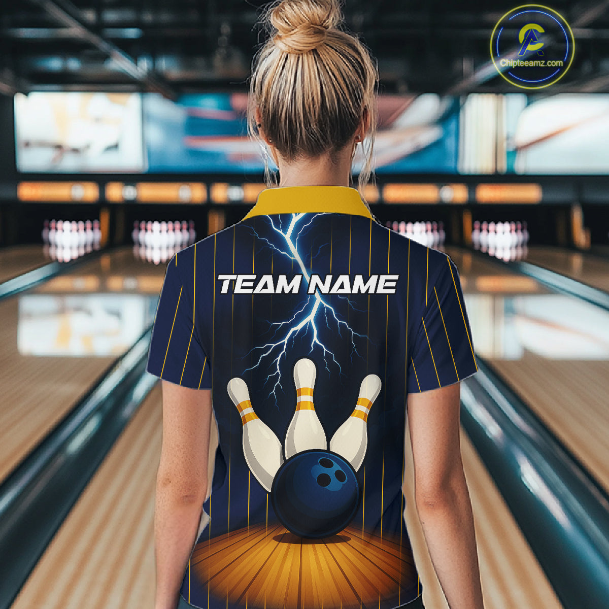 Custom Yellow and Blue Lightning Thunder Bowling Polo, 1/4 Zip Shirts For Women, Team Bowling Outfits NQS10620