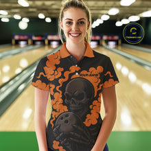 Load image into Gallery viewer, Custom Black and Orange Skull Team Bowling Polo, 1/4 Zip Shirts For Women, Halloween Bowling Outfits NQS10621