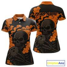 Load image into Gallery viewer, Custom Black and Orange Skull Team Bowling Polo, 1/4 Zip Shirts For Women, Halloween Bowling Outfits NQS10621