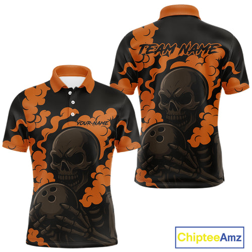 Custom Black and Orange Skull Team Bowling Polo, 1/4 Zip Shirts For Men, Halloween Bowling Outfits NQS10621