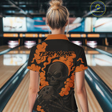 Load image into Gallery viewer, Custom Black and Orange Skull Team Bowling Polo, 1/4 Zip Shirts For Women, Halloween Bowling Outfits NQS10621