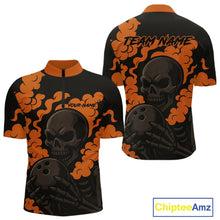 Load image into Gallery viewer, Custom Black and Orange Skull Team Bowling Polo, 1/4 Zip Shirts For Men, Halloween Bowling Outfits NQS10621