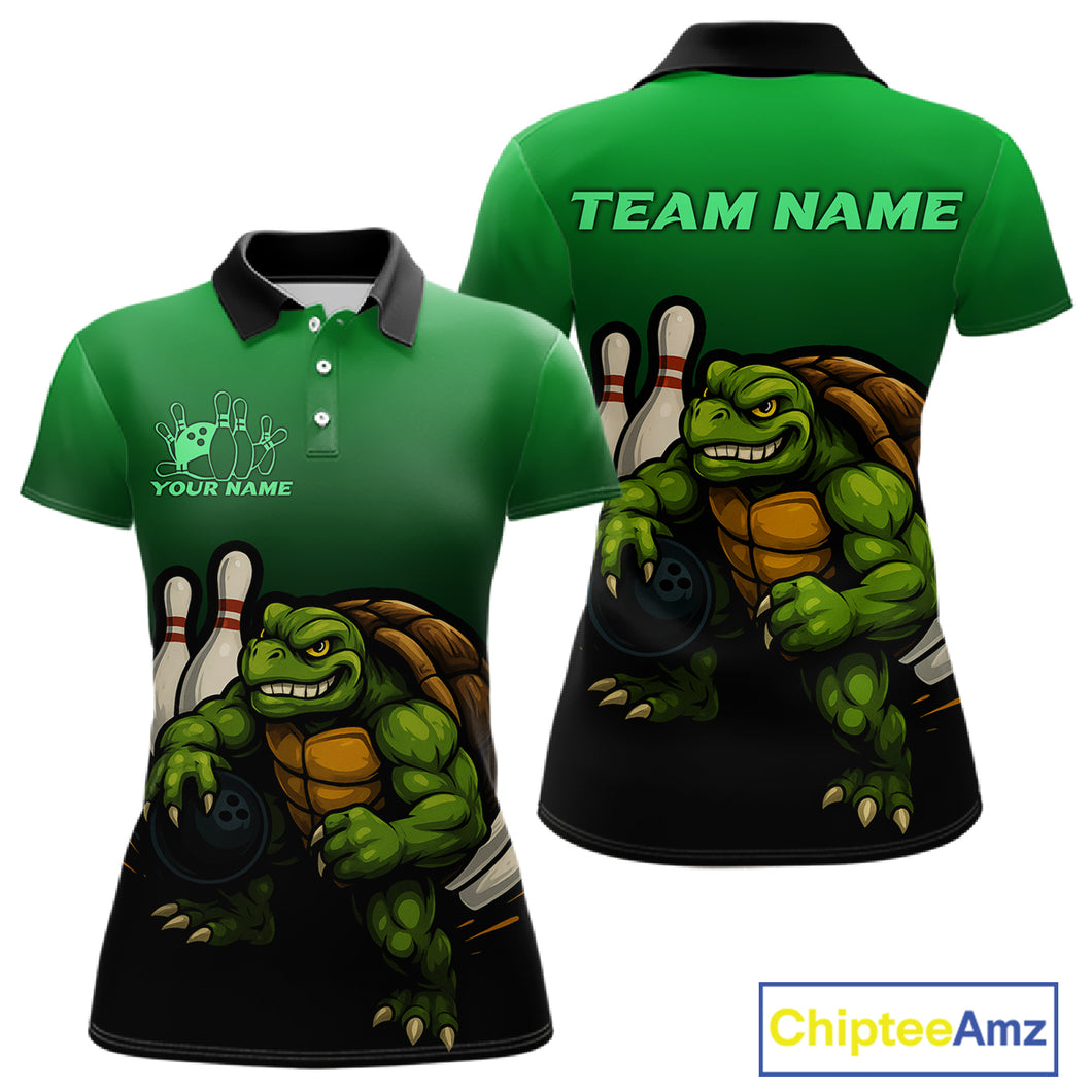 Custom Green Turtle Bowling Polo, Quarter Zip shirts For Women, Bowling tournament Team Jerseys NQS10624