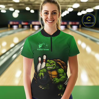 Custom Green Turtle Bowling Polo, Quarter Zip shirts For Women, Bowling tournament Team Jerseys NQS10624