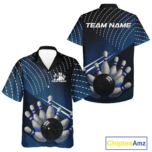 Black and Blue Bowling Hawaiian Shirt Custom Bowling tournament Team Hawaiian league bowling shirts NQS10625