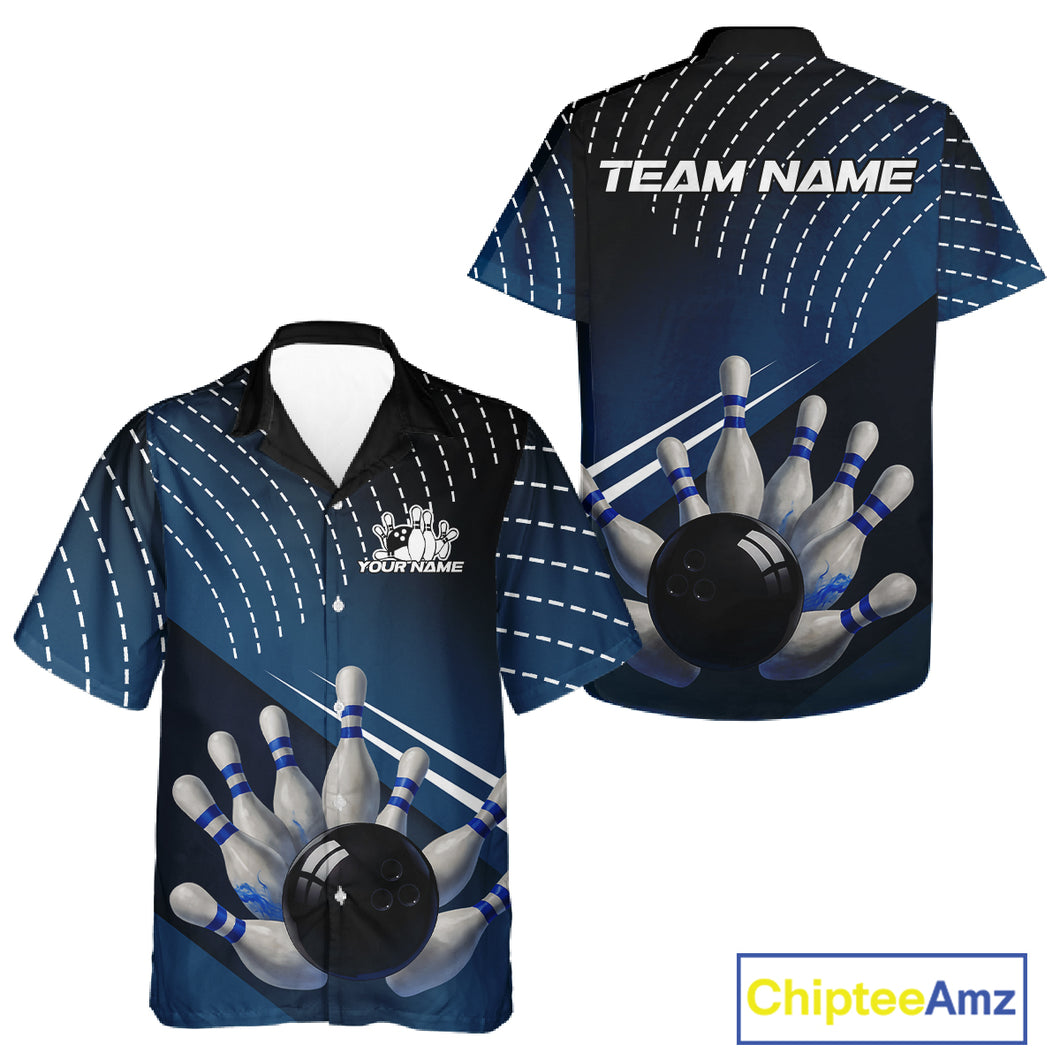 Black and Blue Bowling Hawaiian Shirt Custom Bowling tournament Team Hawaiian league bowling shirts NQS10625