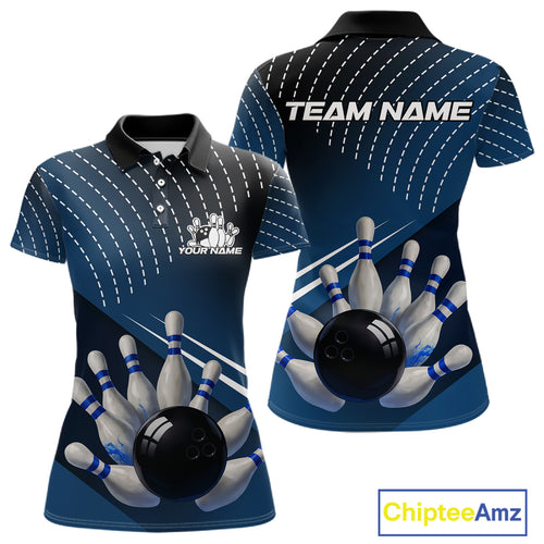 Black and Blue Bowling Polo, Quarter Zip shirts For Women Custom Bowling tournament Team Jerseys NQS10625