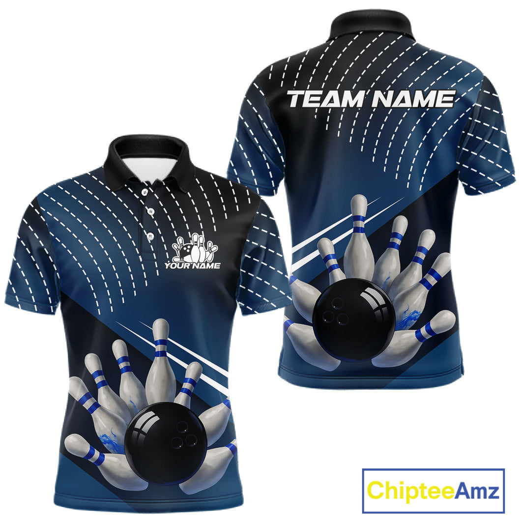 Black and Blue Bowling Polo, Quarter Zip shirts For Men Custom Bowling tournament Team Jerseys NQS10625