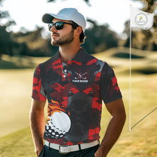 Load image into Gallery viewer, Black and Red Camo Flame Golf Ball Custom Men golf polo shirt, personalized golf top for men NQS10100