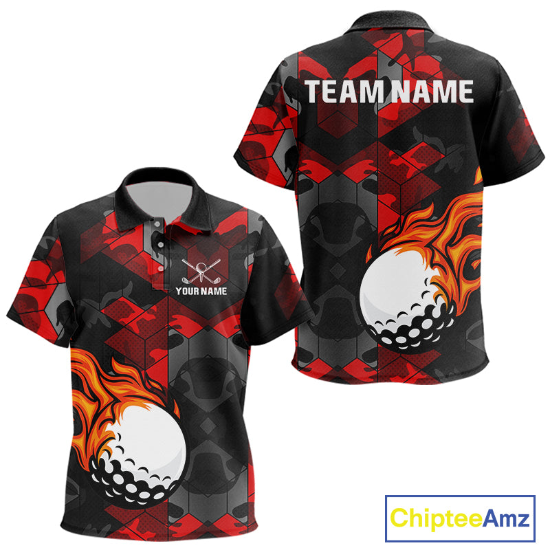 Black and Red Camo Flame Golf Ball Custom Kid golf polo shirts, personalized golf top for Kid NQS10100