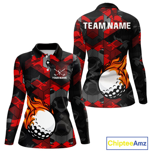 Black and Red Camo Flame Golf Ball Custom Women golf polo shirts, personalized golf top for ladies NQS10100