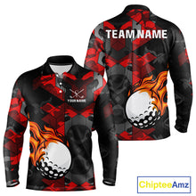 Load image into Gallery viewer, Black and Red Camo Flame Golf Ball Custom Men golf polo shirt, personalized golf top for men NQS10100