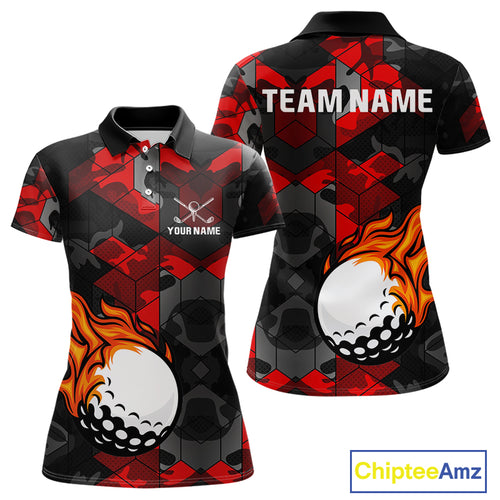 Black and Red Camo Flame Golf Ball Custom Women golf polo shirts, personalized golf top for ladies NQS10100
