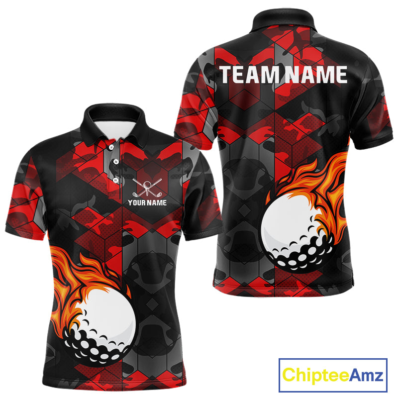 Black and Red Camo Flame Golf Ball Custom Men golf polo shirt, personalized golf top for men NQS10100