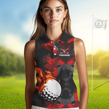 Load image into Gallery viewer, Black and Red Camo Flame Golf Ball Custom Womens Sleeveless polo shirts, golf top for ladies NQS10100
