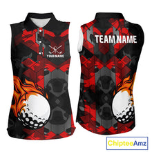 Load image into Gallery viewer, Black and Red Camo Flame Golf Ball Custom Womens Sleeveless polo shirts, golf top for ladies NQS10100