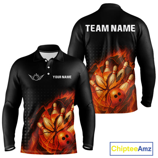 Flame Broken Bowling Ball and pins Bowling Shirt For Men Custom Flame Team Bowling Jerseys NQS10102