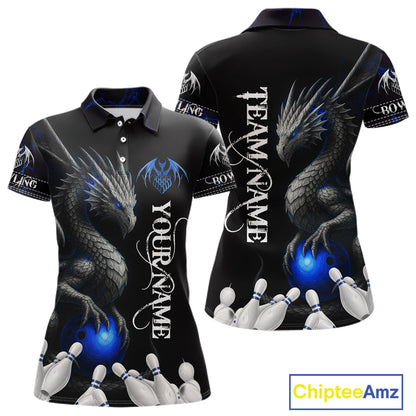 Black And Blue Dragon Bowling Polo, 1/4 Zip Shirt For Women Custom Dragon Bowling Team League Jersey NQS10628