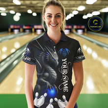 Load image into Gallery viewer, Black And Blue Dragon Bowling Polo, 1/4 Zip Shirt For Women Custom Dragon Bowling Team League Jersey NQS10628