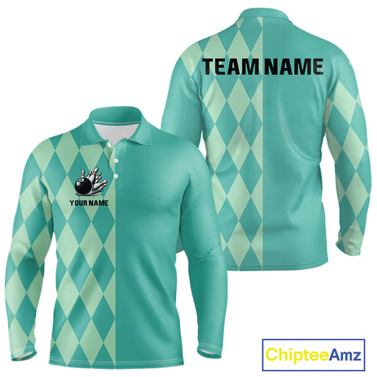 Turquoise argyle pattern Bowling Polo, Quarter Zip Shirt For Men Custom Team Bowling Jerseys NQS10107