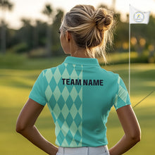 Load image into Gallery viewer, Turquoise argyle pattern Women golf polo shirt Custom golf clothes for ladies, cool golf gifts NQS10108