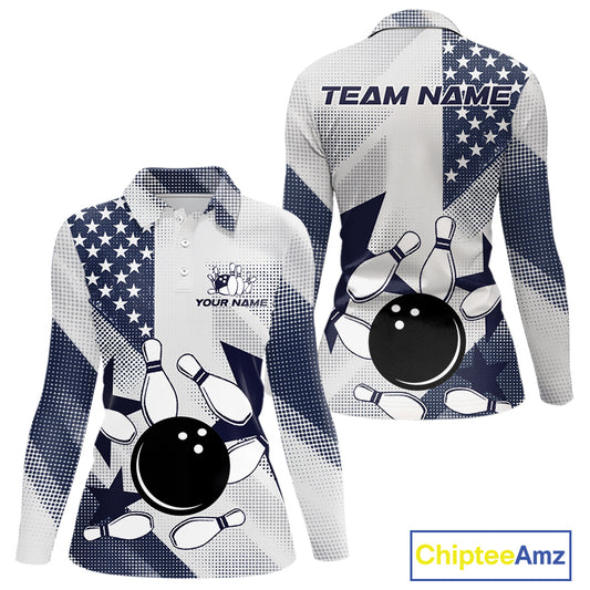 White and Blue American Flag Bowling shirts for Women Custom patriotic retro Bowling Team Jersey NQS10248