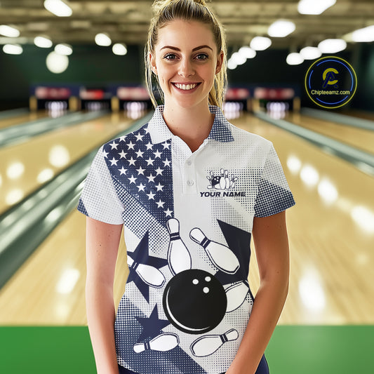 White and Blue American Flag Bowling shirts for Women Custom patriotic retro Bowling Team Jersey NQS10248
