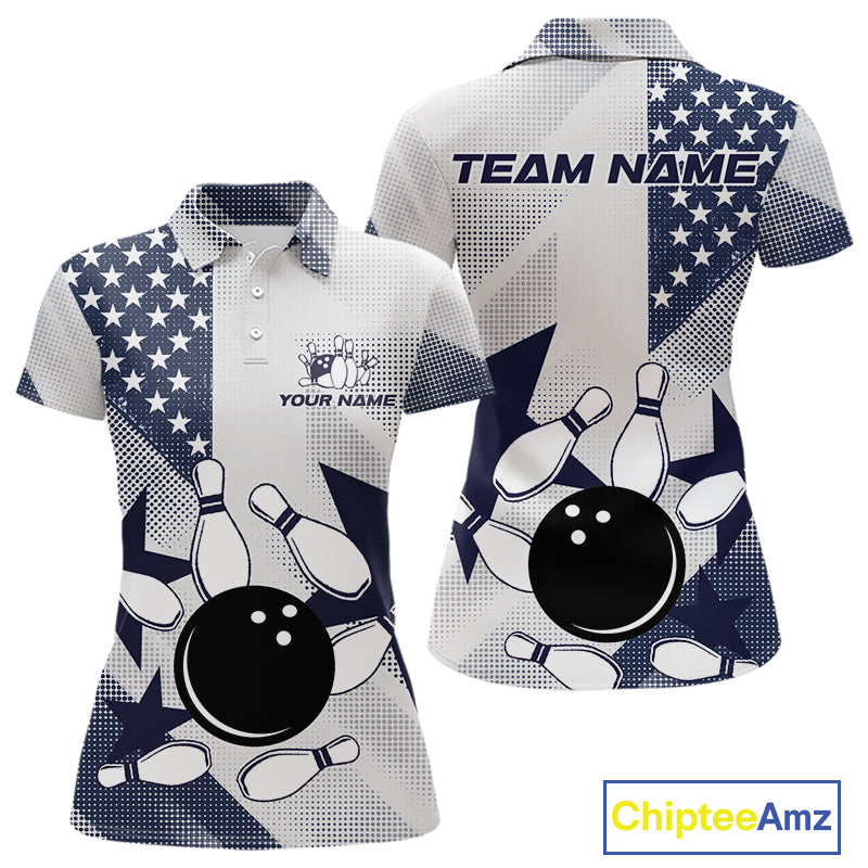 White and Blue American Flag Bowling shirts for Women Custom patriotic retro Bowling Team Jersey NQS10248